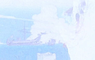 Papier, das mit Öl getränkt ist, wird durchsichtig. Hier erkennt man ein Schiff, Wasser und Wolken.