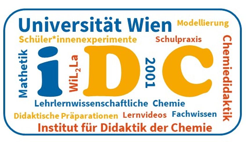 IDC Aufkleber - eine Wortwolke mit verschiedenen Begriffen rund um das Institut der Didaktik der Chemie der Universität Wien